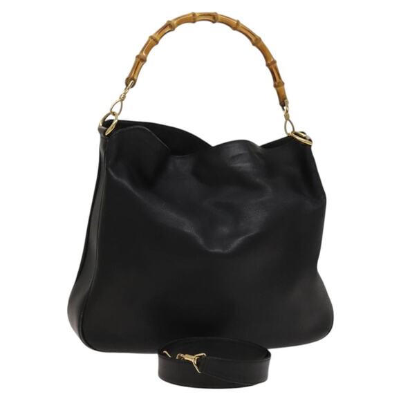 GUCCI Bamboo Hand Bag Leather Black Gold 001 1998 001 1998